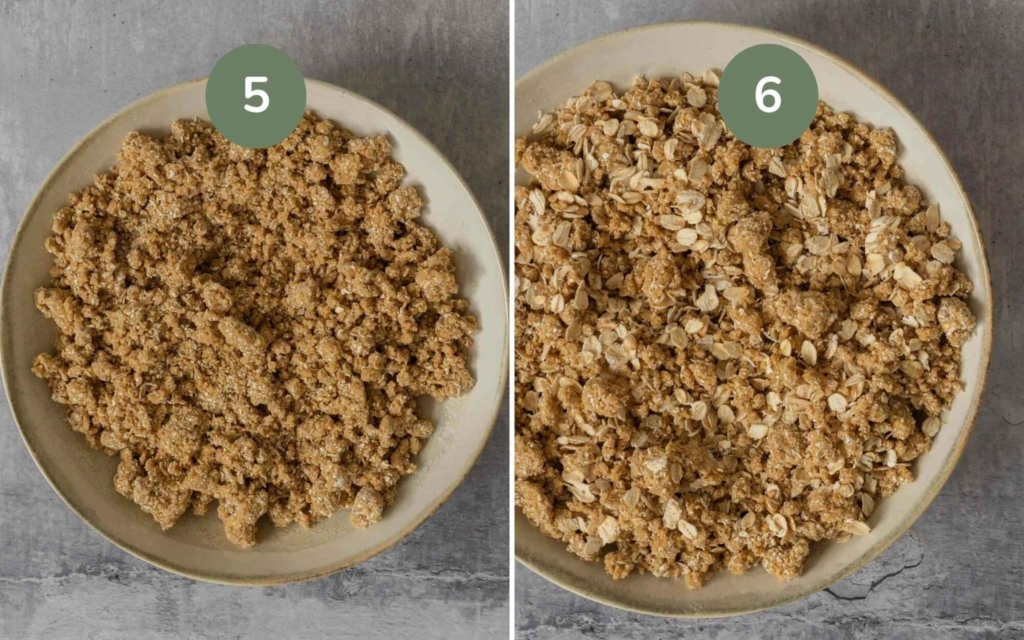 Making vegan crumble topping with oats, oat flour, butter and brown sugar