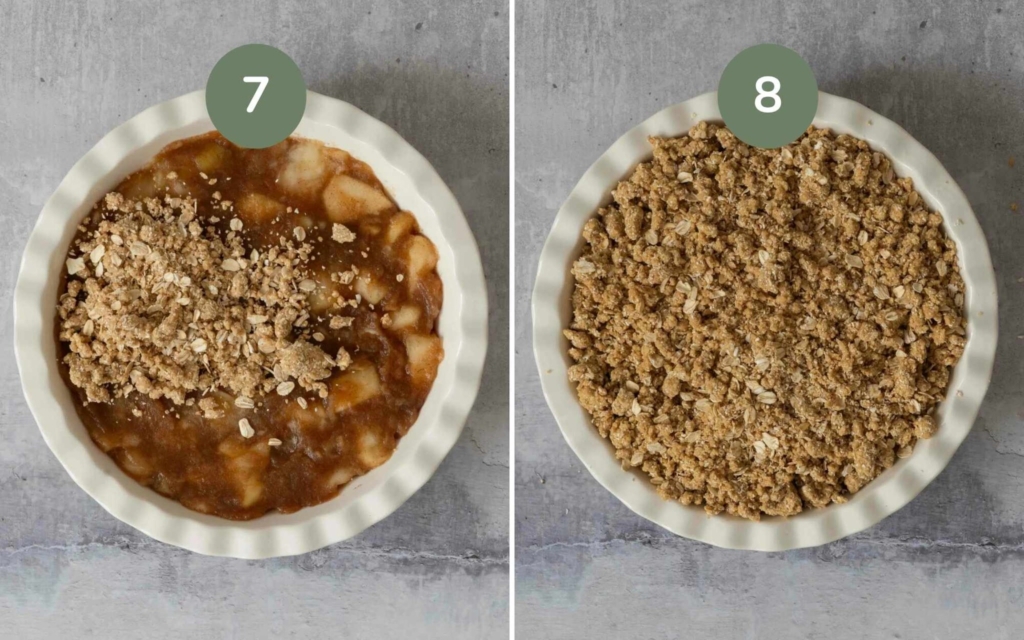 Adding vegan crumble topping to a baking dish filled with stewed apples ready to bake a 4 ingredient apple crumble