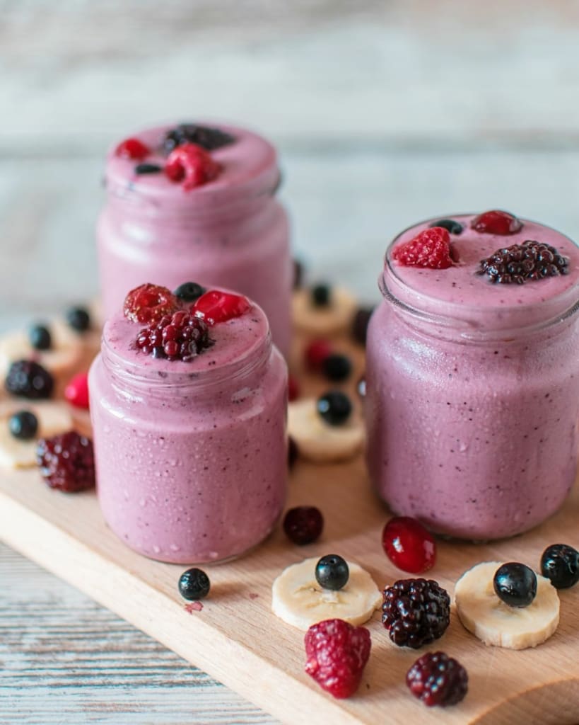 Three jars filled with pink berry smoothie