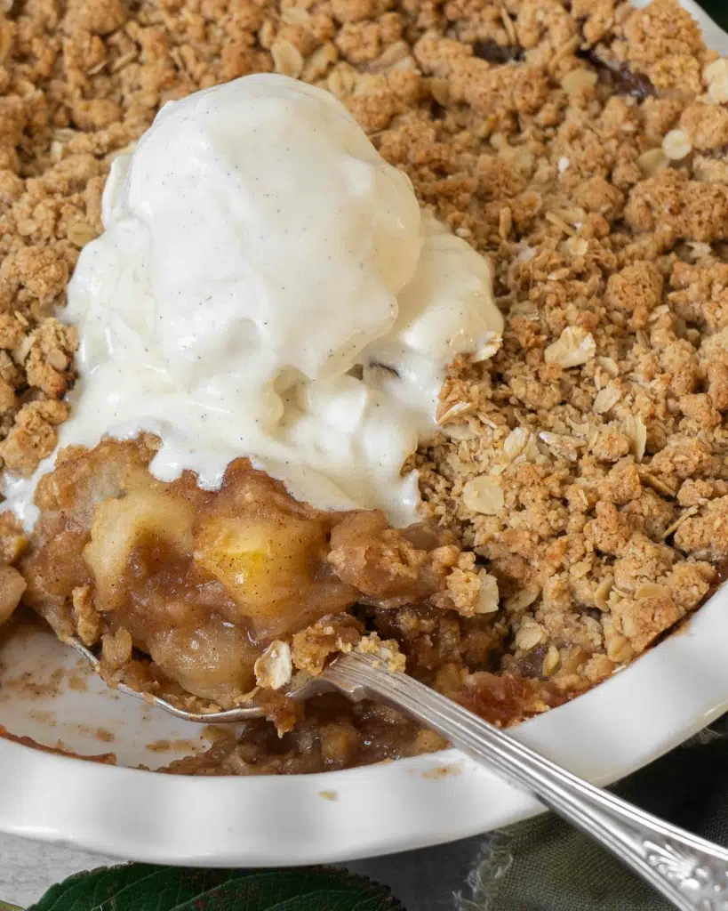 A close up photograph of an apple crumble, showing the crispy streusel topping, sticky apple filling and a big scoop of vegan vanilla ice cream melting into it.
