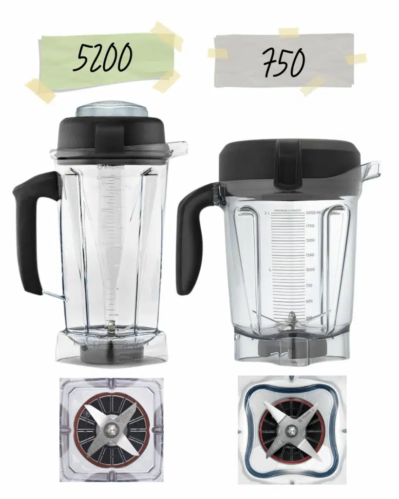 The container jug for the Vitamix 5200 vs 750 side by side, along with a picture of the blades in each blender