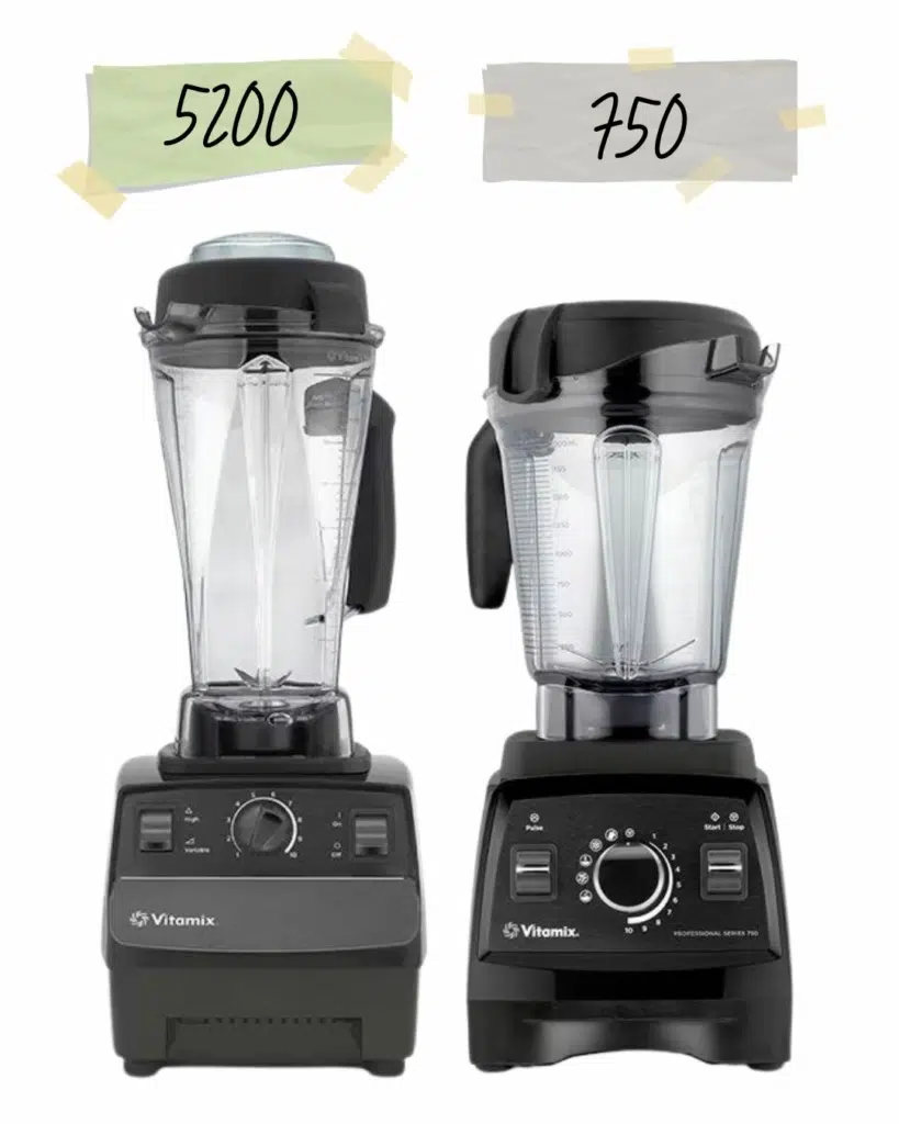 The Vitamix 5200 and the Vitamix 750 side by side, front on angle
