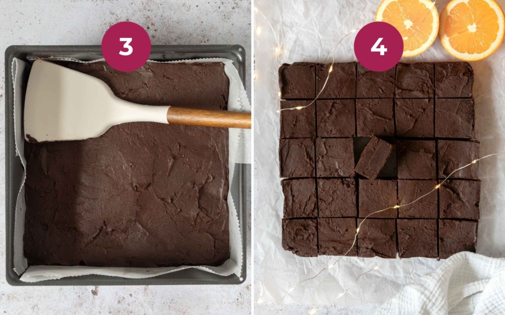 5 ingredient chocolate fudge being cut into bite sized pieces