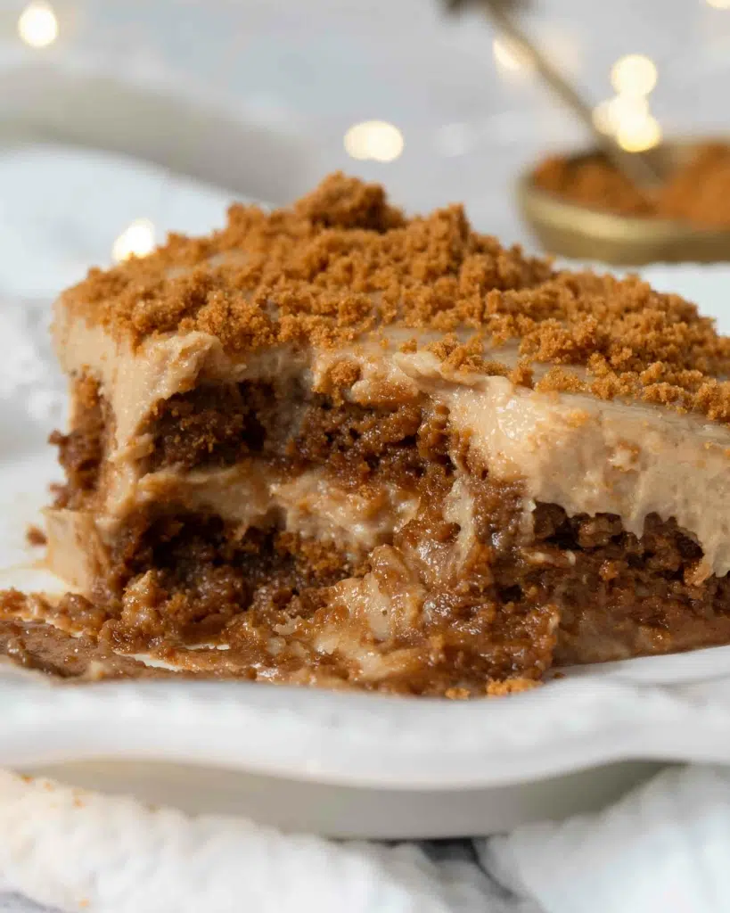 A plate of Biscoff tiramisu with a forkful missing, revealing layers of cinnamon lotus biscuits, creamy mascarpone and crumbled biscuit on top