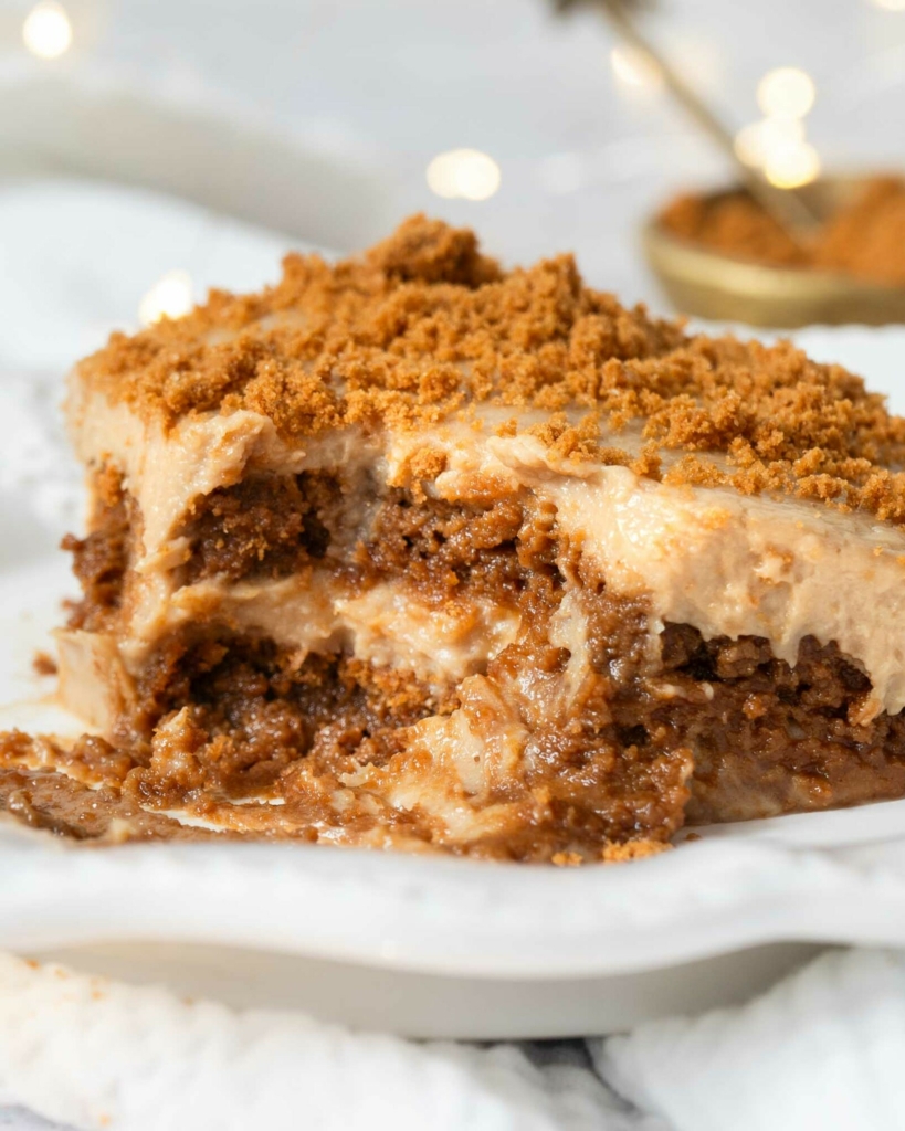 A plate of Biscoff tiramisu with a forkful missing, revealing layers of cinnamon lotus biscuits, creamy mascarpone and crumbled biscuit on top