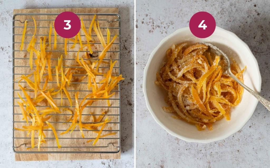 Boiled orange peel laid on a drying rack before being turned into candied orange peel by tossing it in sugar