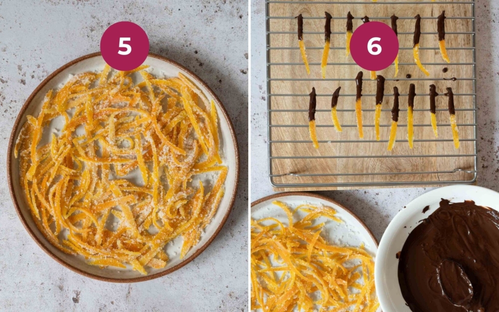Old fashioned candied orange peel on a plate next to some chocolate dipped candied peel