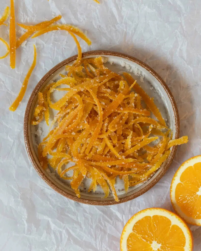 A plate of vibrant sugared orange peel