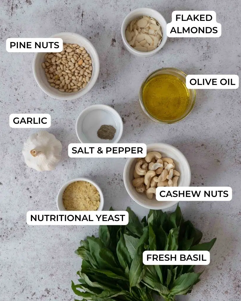 The ingredients needed to make a classic vegan pesto (dairy free pesto)