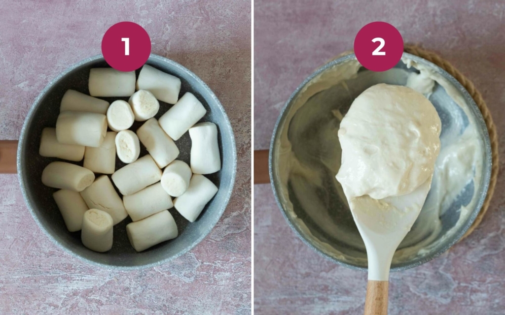 White vegan marshmallow being melted down in a saucepan