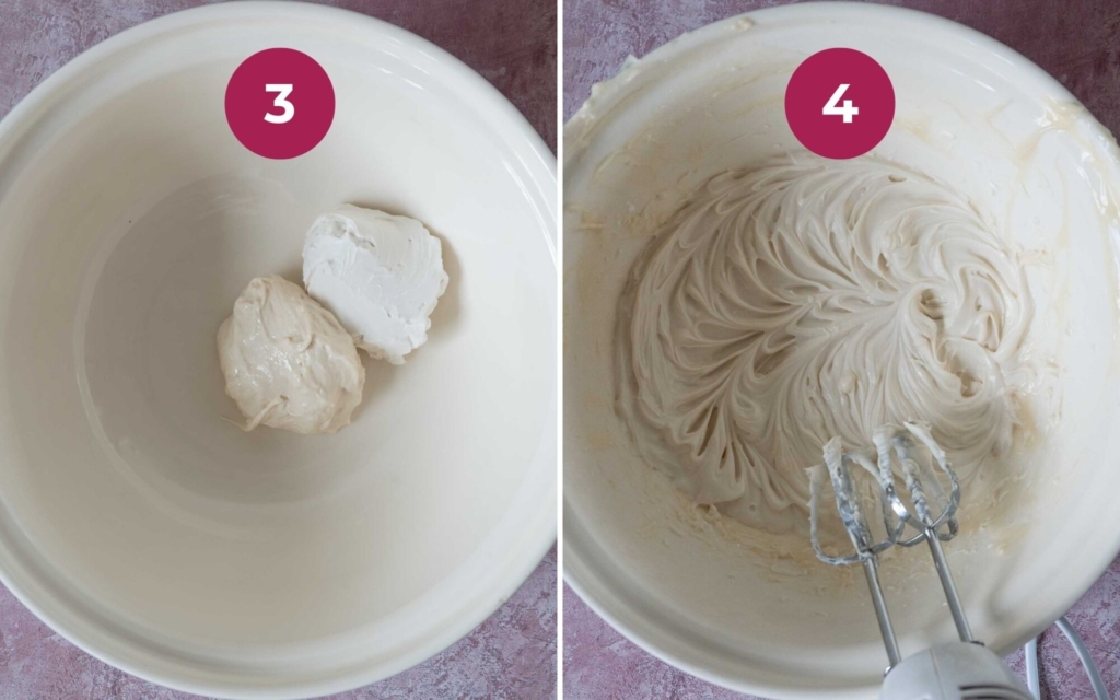 Vegan marshmallow fluff and cream cheese in a bowl being whipped into vegan fruit dip