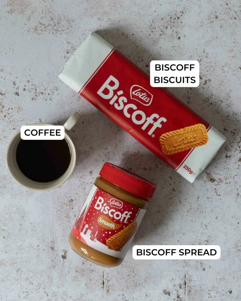 Coffee, Biscoff biscuits and Biscoff spread on a table top