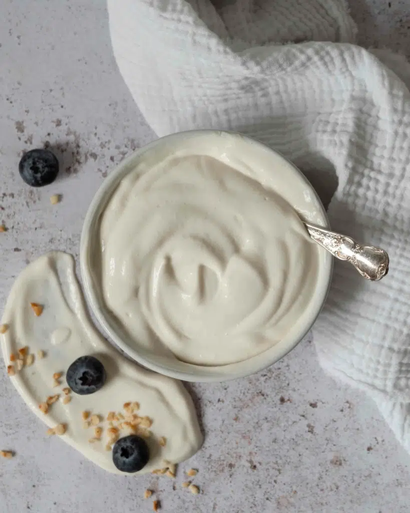 An overhead photo of a bowl of thick and creamy vegan mascarpone