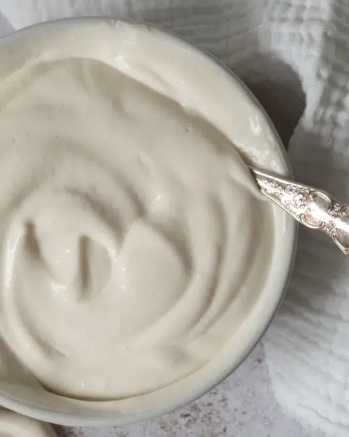 A close up photo of a bowl of thick and creamy vegan mascarpone
