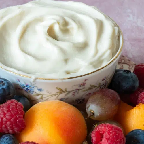 A close up photograph to accompany a vegan fruit dip recipe, showing a plate of colourful fruit and a vintage bowl filled with whipped vegan fruit dip