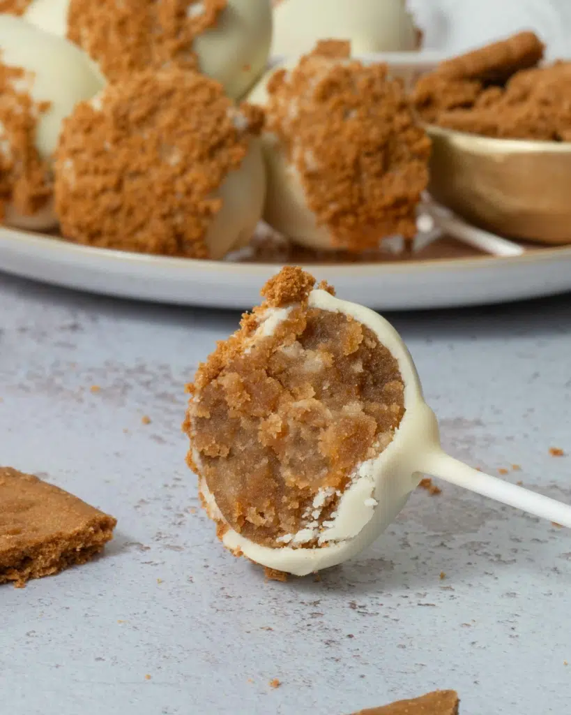 The inside of a white chocolate Biscoff cake pop