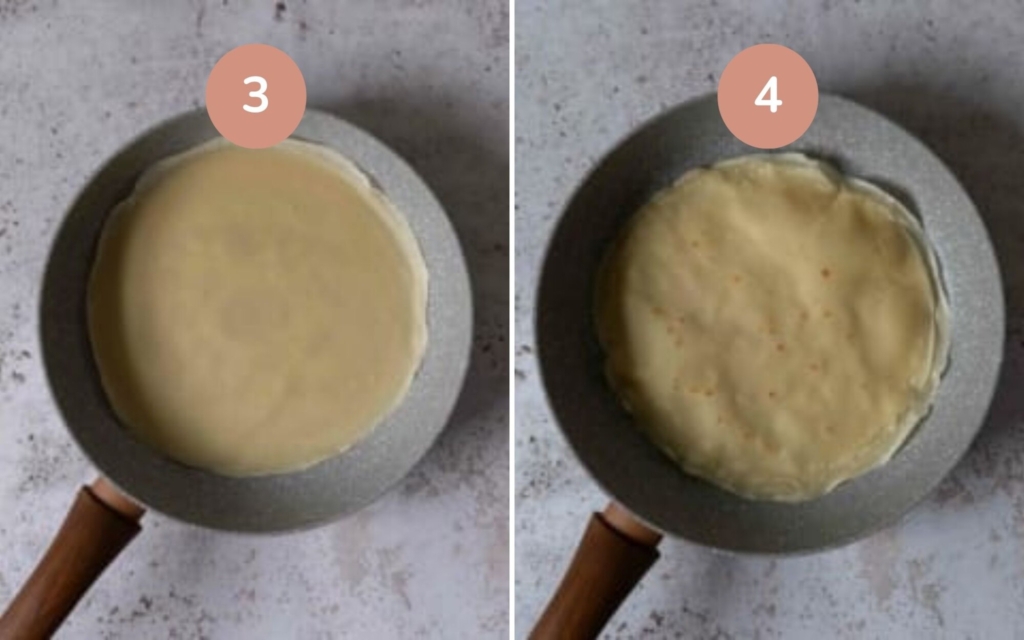 Coconut milk crepes being cooked in a pan until the edges are crispy