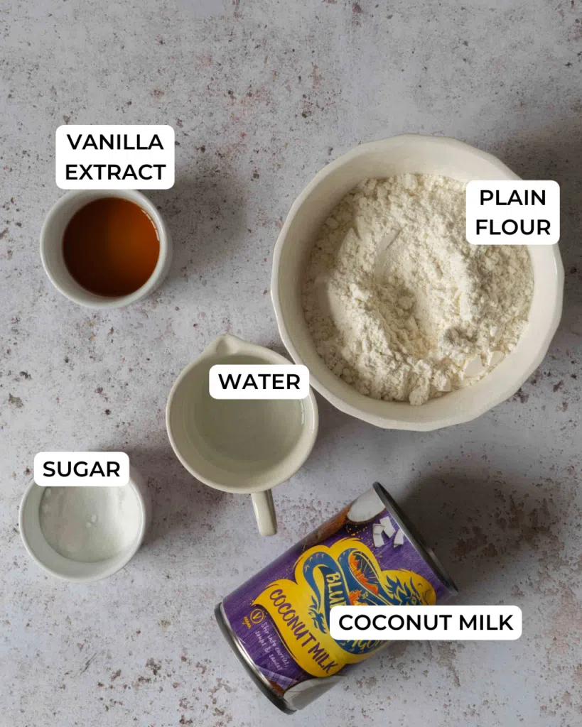 The ingredients needed to make coconut milk crepes