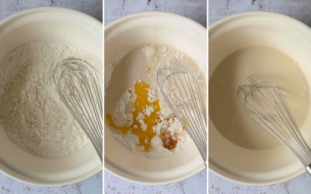 Three process images for making crepes without milk - flour, add liquid, mix together