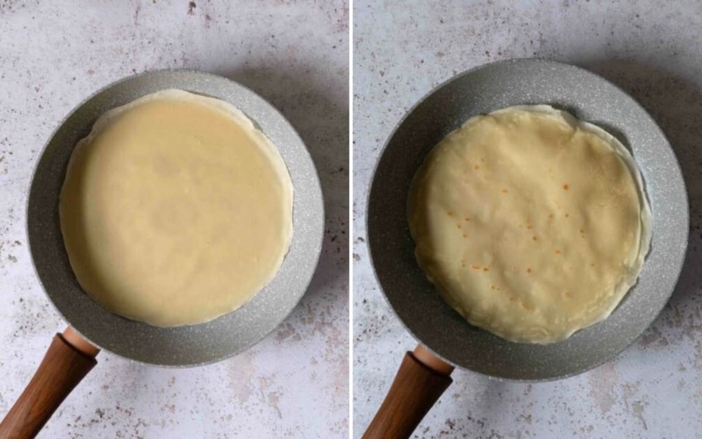 Vegan crepes frying in a pan