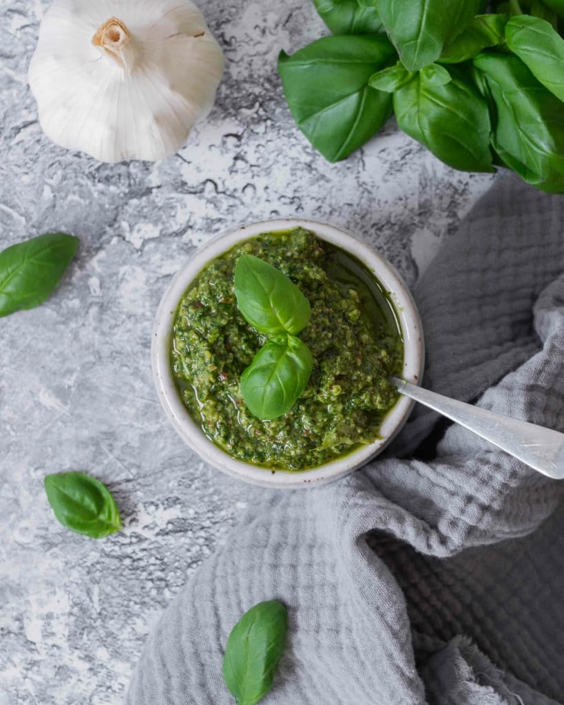 An overhead shot of nut free pesto