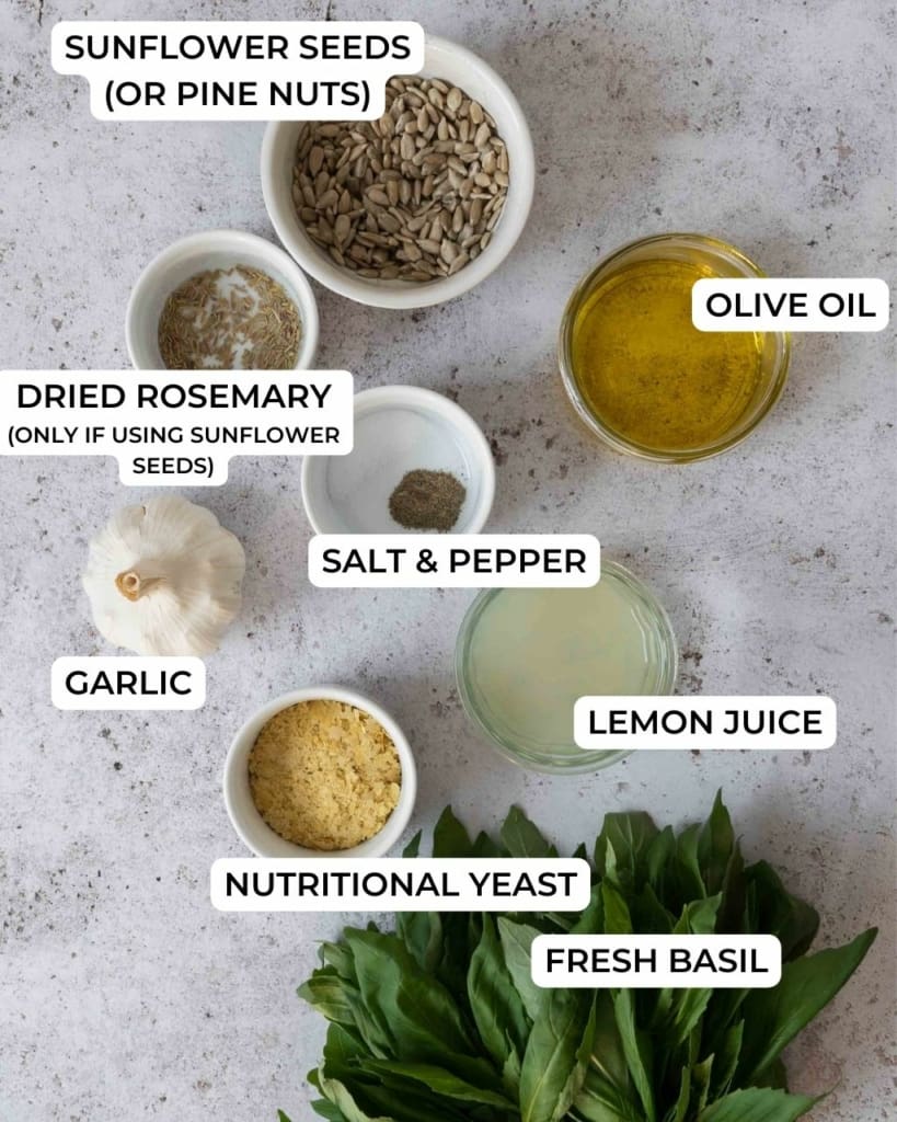 The ingredients needed to make nut free pesto