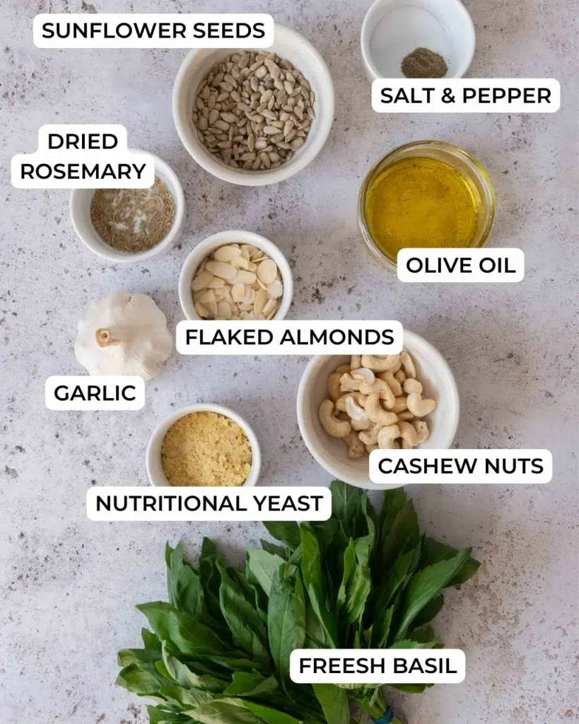 The ingredients needed to make pesto without pine nuts
