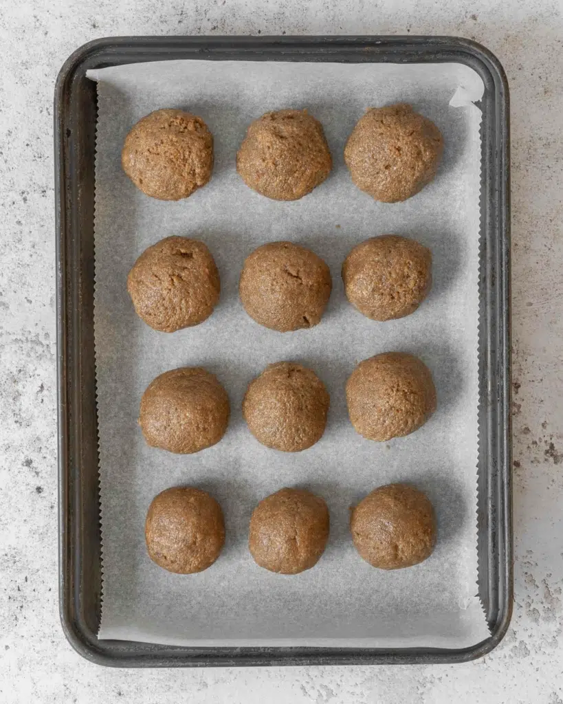 Coffee cake balls rolled out on a tray