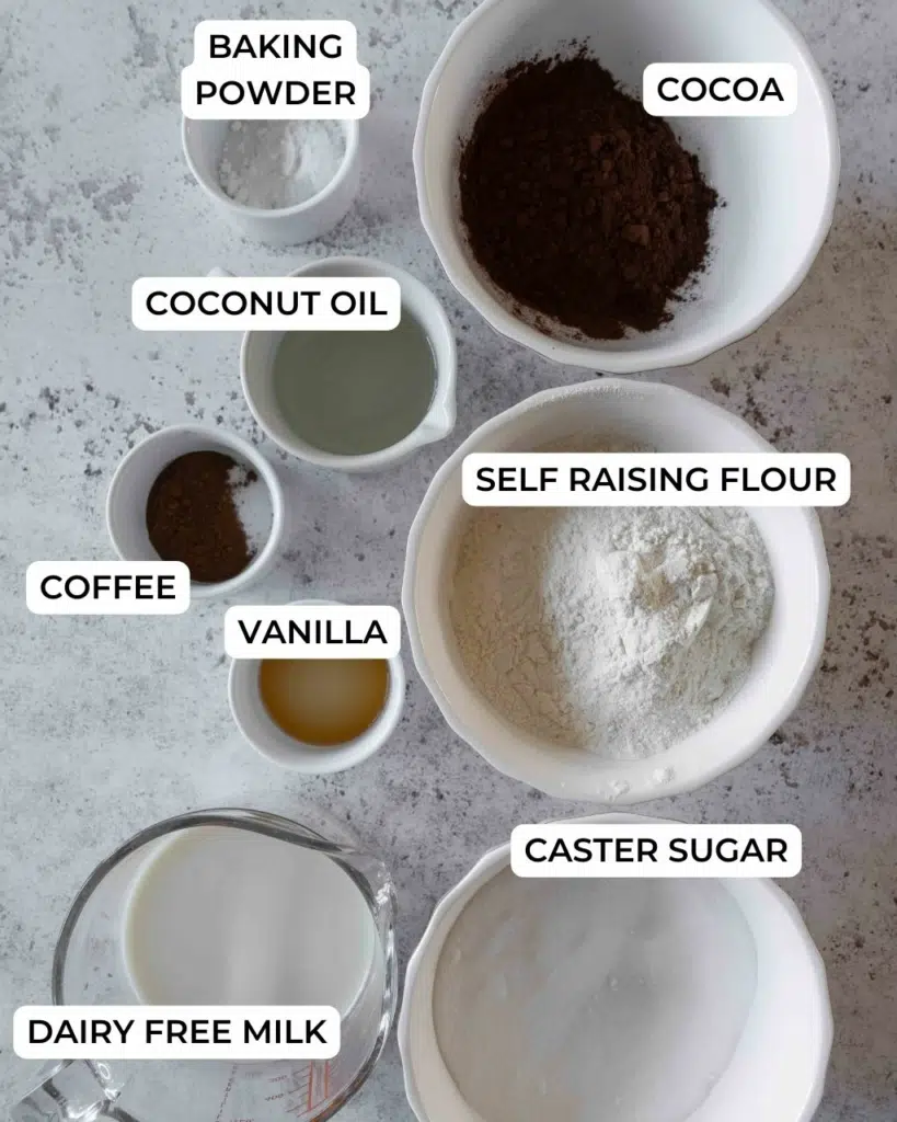 Ingredients for making a vegan chocolate sponge cake laid out on a table