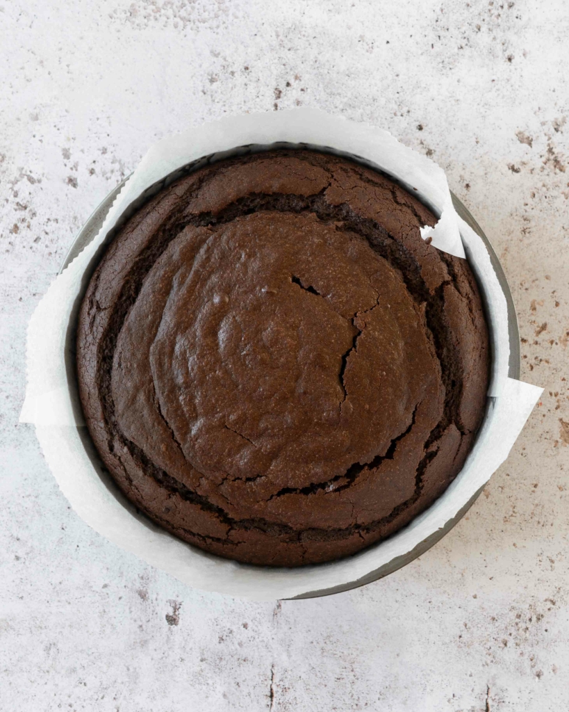 A vegan chocolate sponge cake fresh from the oven