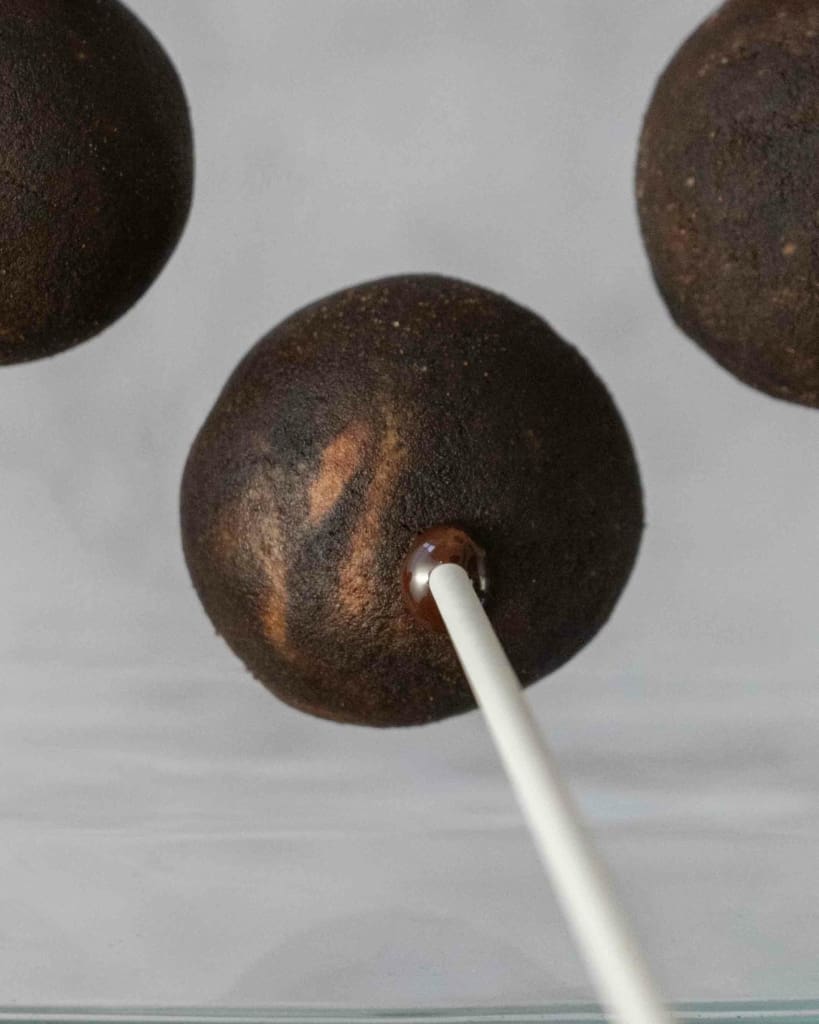 A chocolate peanut butter cake pop on a stick
