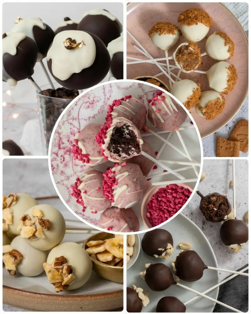 Mothers day cake pop ideas in five different vegan flavour combinations.