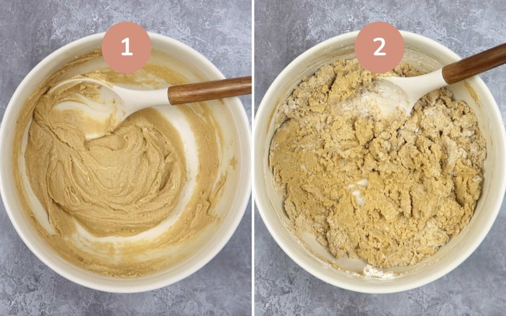 Vegan blondie batter being stirred together in a mixing bowl.