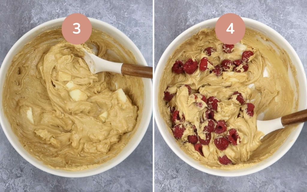 The batter for vegan white chocolate and raspberry blondies being mixed in a bowl