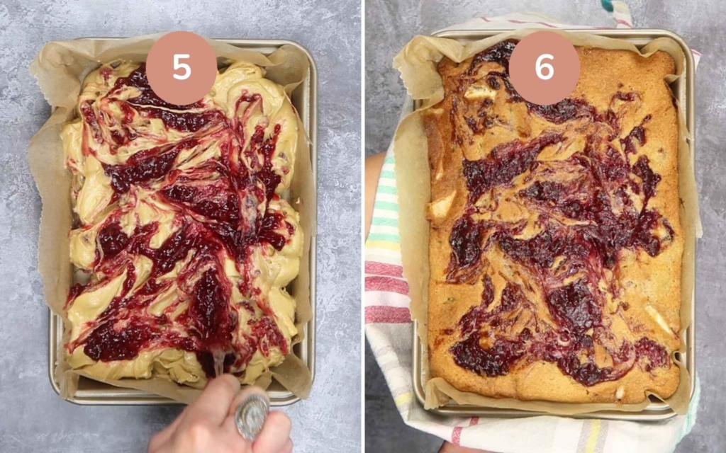 Raspberry jam being swirled on top of blondie batter and baked until lightly golden.