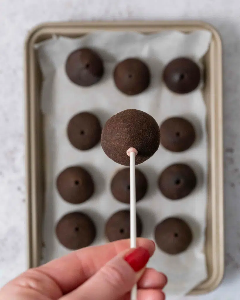 A chocolate cake pop with a stick inserted into it.