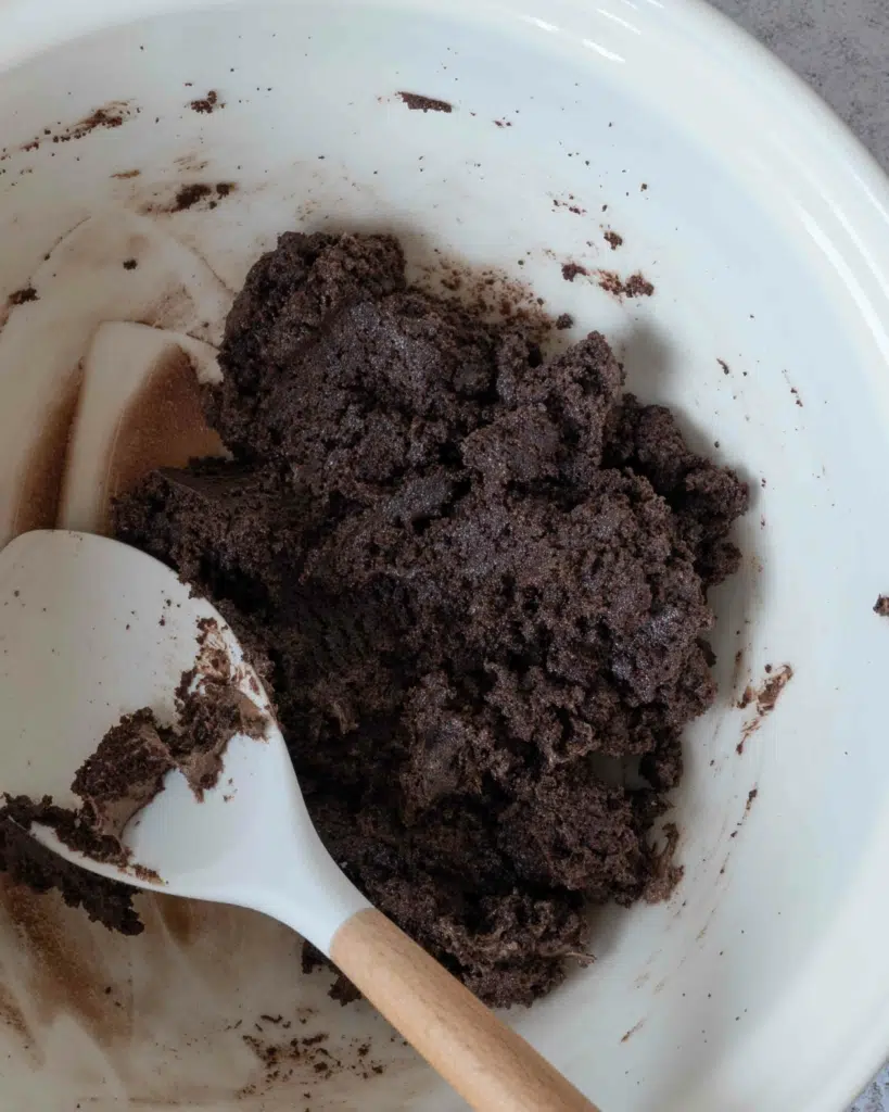 Chocolate raspberry cake pop mix in a bowl.