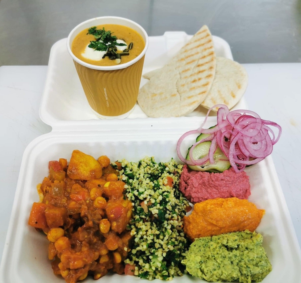 A selection of colourful takeaway foods from Beats and Roots Cafe