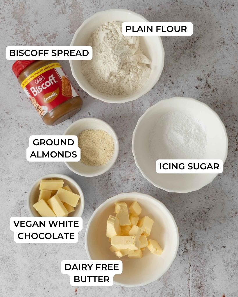 The ingredients needed to make vegan Biscoff tarts