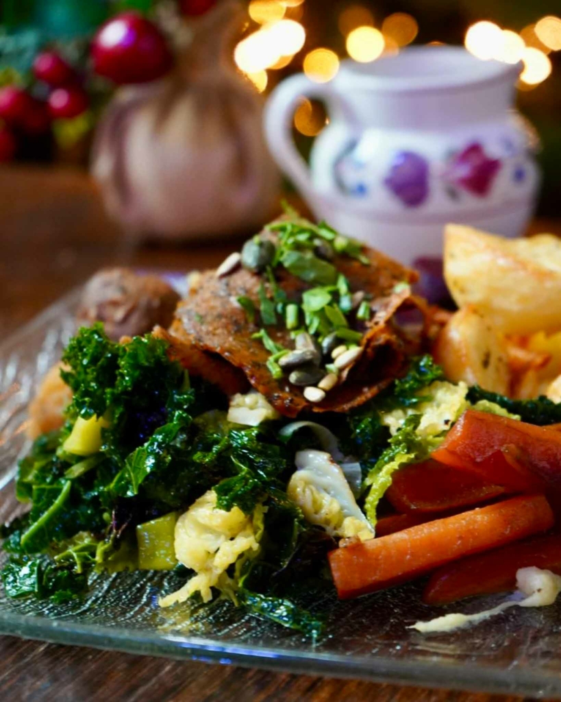 A colourful vegan roast served at Cosmic Kitchen, voted the best vegan restaurant in Devon