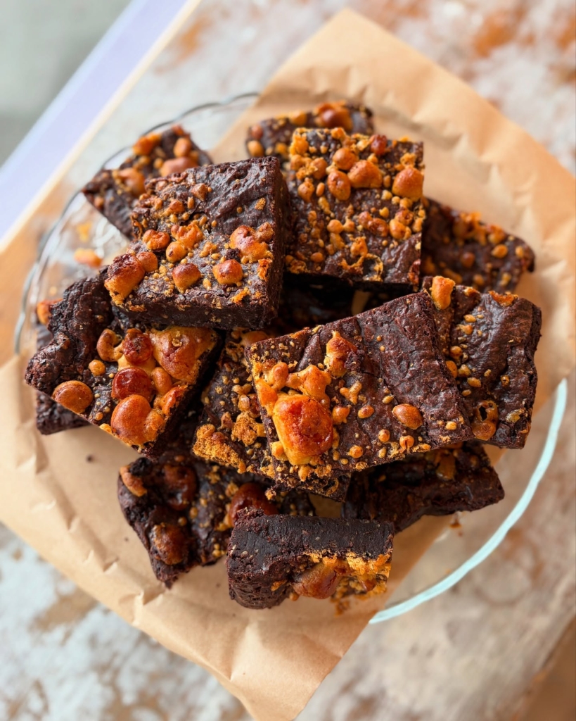 Speckled honeycomb vegan brownies from one of the best vegan restaurants in Devon