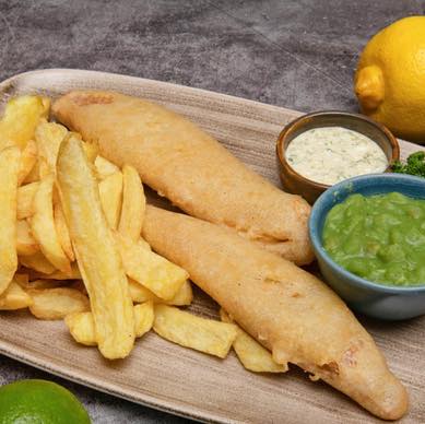 Vegan banana blossom fish and chips with mushy peas