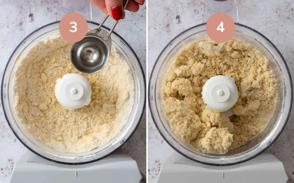 Adding water to a food processor to bring vegan pastry dough together