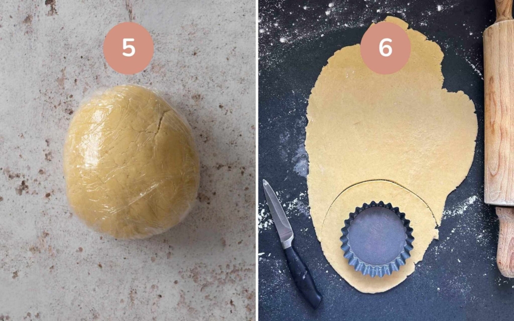 Pastry dough being rolled out to make vegan tart shells