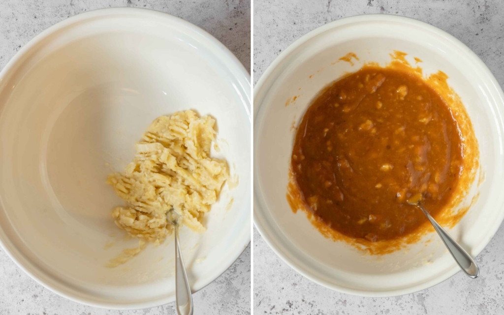 Two images showing you how to make vegan banana pumpkin bread