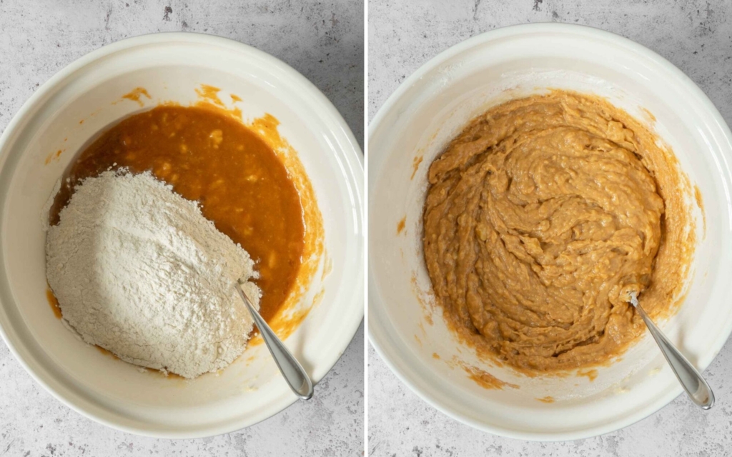 Two images showing you how to make vegan banana pumpkin bread