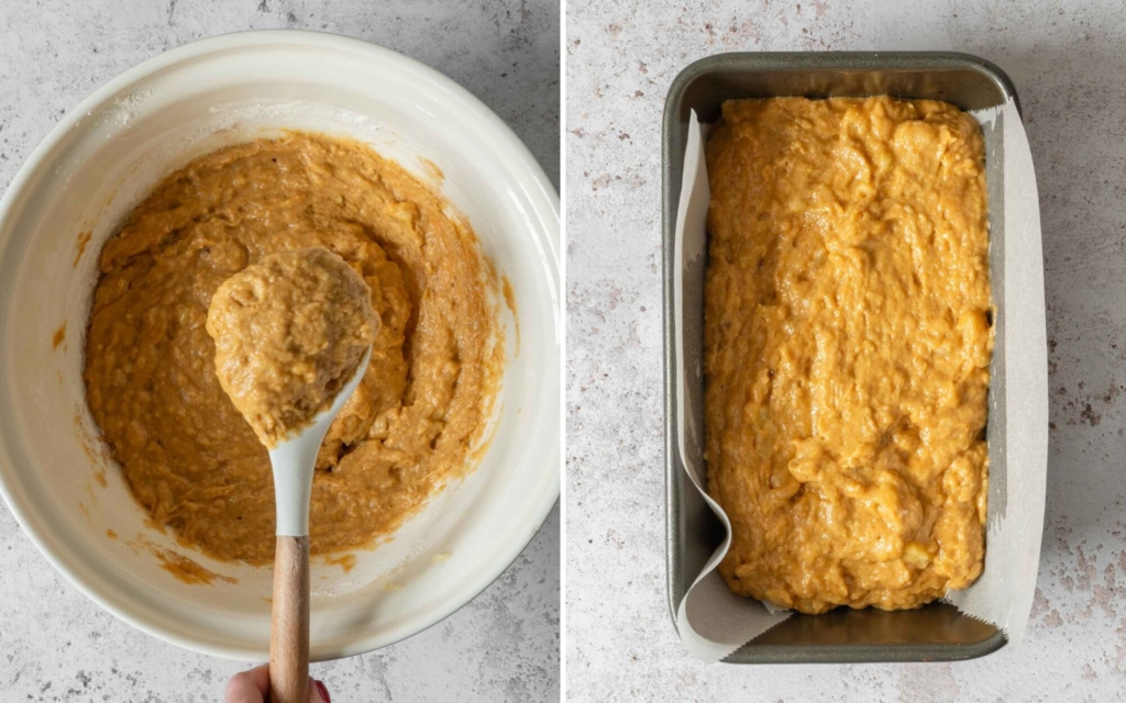 Two images showing you how to make vegan banana pumpkin bread