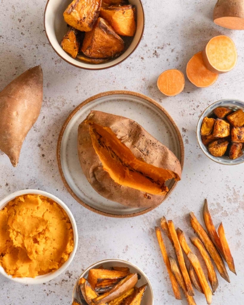 A table top of the different varieties of cooked and reheat sweet potato