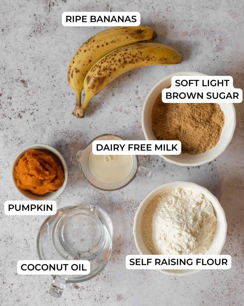 The ingredients needed to bake a vegan pumpkin banana bread.