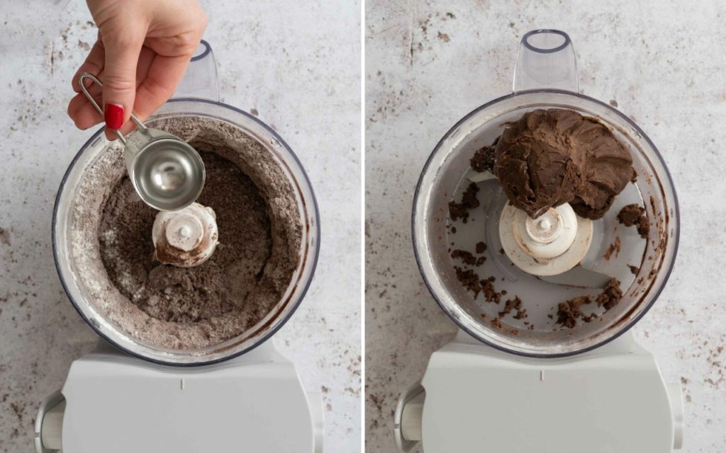 Making chocolate pastry in a food processor, for making this French Chocolate Tart recipe